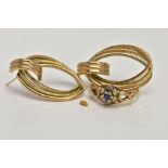 A PAIR OF EARRINGS, A RING AND A SMALL GOLD NUGGET, the 9ct gold earrings designed as an open triple