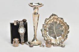 A SELECTION OF SILVER AND WHITE METAL ITEMS, to include a silver leaf shaped trinket dish,