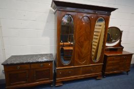 AN EDWARDIAN MAHOGANY AND BOX INLAID THREE PIECE BEDROOM SUITE, comprising a mirrored double door