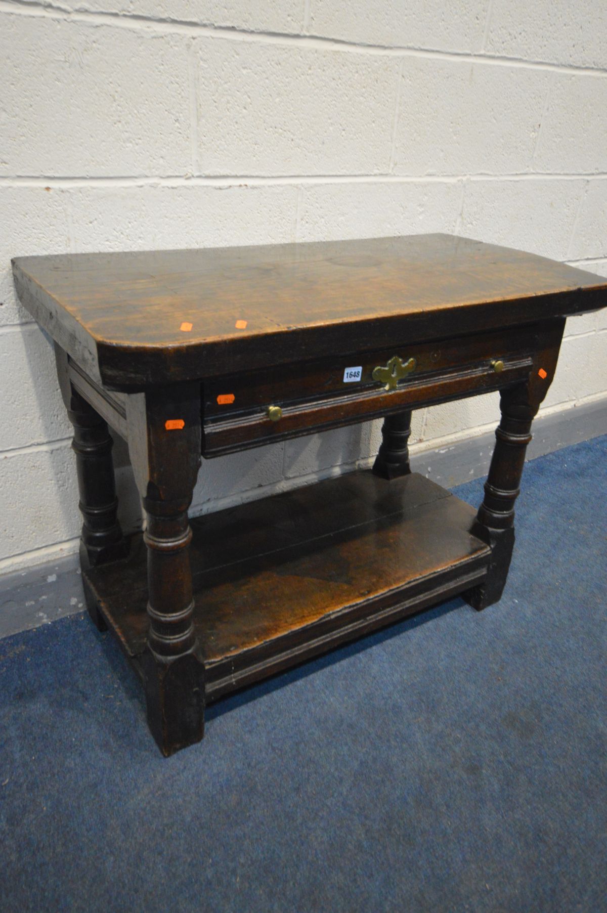 A GEORGE I WELSH OAK SIDE TABLE, the later plank top above a long single drawer with a brass - Image 2 of 8