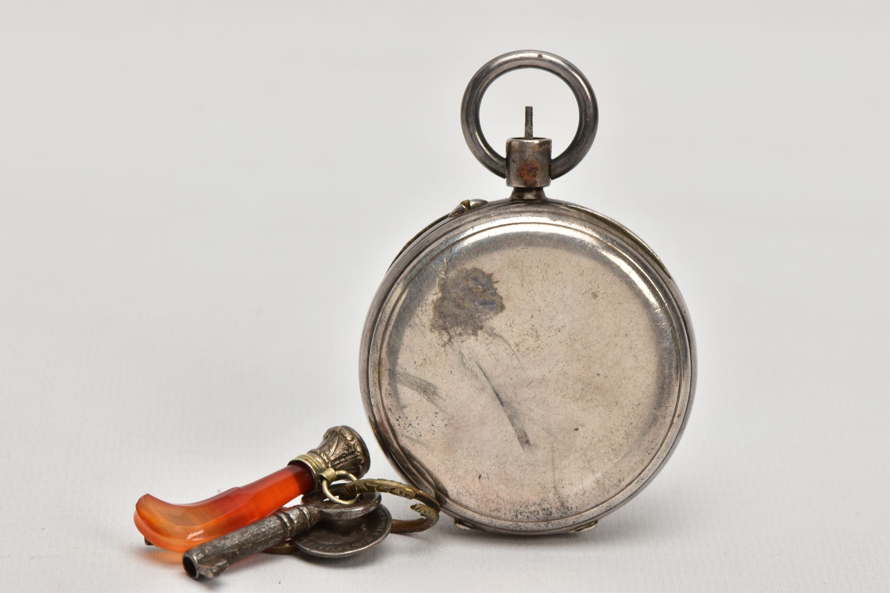 A SILVER OPEN FACE POCKET WATCH, WATCH KEY AND FOBS, the pocket watch, with a round white dial - Image 3 of 6