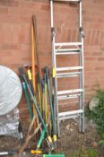 AN ALUMINIUM STEP LADDER 165cm high and a collection of garden tools