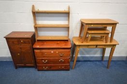 A QUANTITY OF PINE FURNITURE comprising a stained chest of three drawers (handles in drawers), width