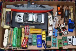 A BOX OF UNBOXED AND ASSORTED PLAYWORN DIECAST AND PLASTIC VEHICLES, to include Spot On Austin 1800,