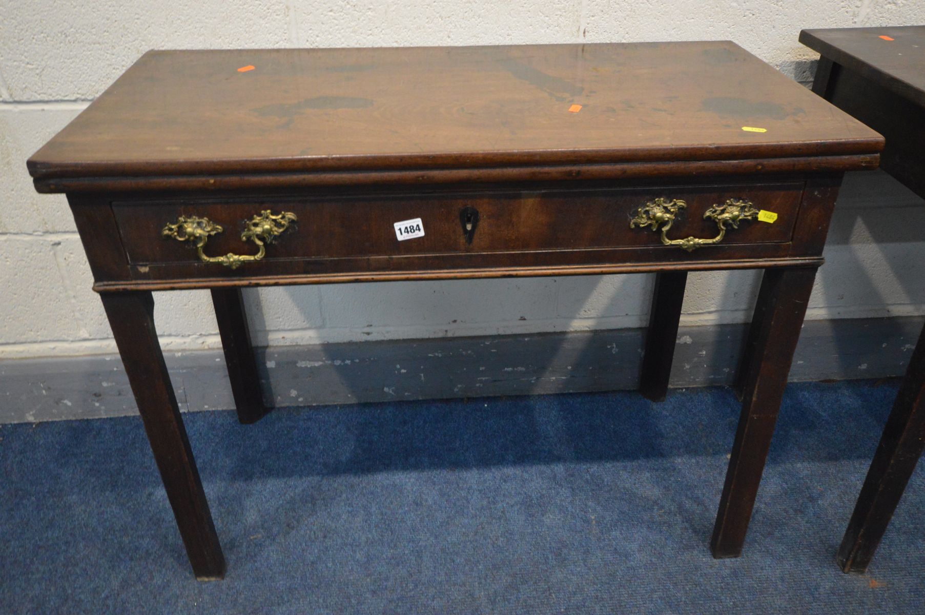 A GEORGIAN MAHOGANY CARD TABLE, the fold over top revealing a green baize playing surface, with a - Image 2 of 4