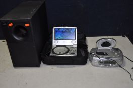 A BOSE ACOUSTIMASS 5 SUBWOOFER (working), a Gtech portable DVD player and a Technika clock radio (