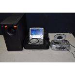 A BOSE ACOUSTIMASS 5 SUBWOOFER (working), a Gtech portable DVD player and a Technika clock radio (