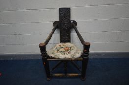 AN EARLY 20TH CENTURY CARVED OAK TURNER CHAIR, with open armrests