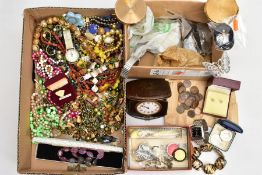 A BOX OF MOSTLY COSTUME JEWELLERY AND OLD BRITISH COINAGE, to include a broken Victorian oval jet