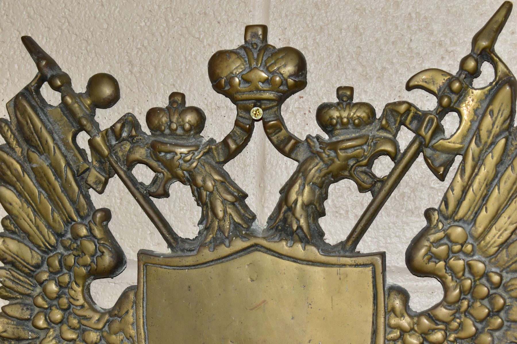 A BRASS DOUBLE HEADED EAGLE WALL PLAQUE, vacant armorial to the centre, approximate dimensions - Image 2 of 3