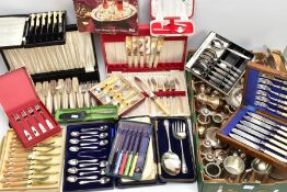 TWO BOXES OF ASSORTED WHITE METAL WARE, to include a boxed set of six 'Oneida' stainless steel