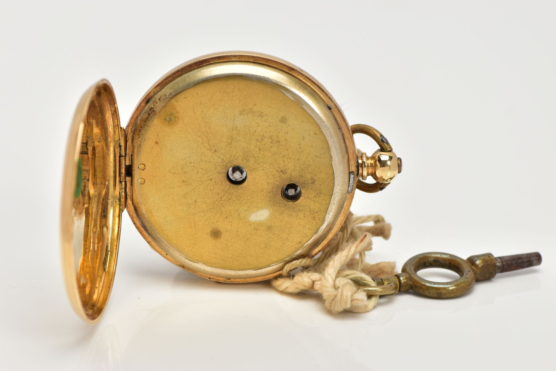 A YELLOW METAL OPEN FACE POCKET WATCH, round gold dial, with a floral engraved design, Roman - Image 4 of 5