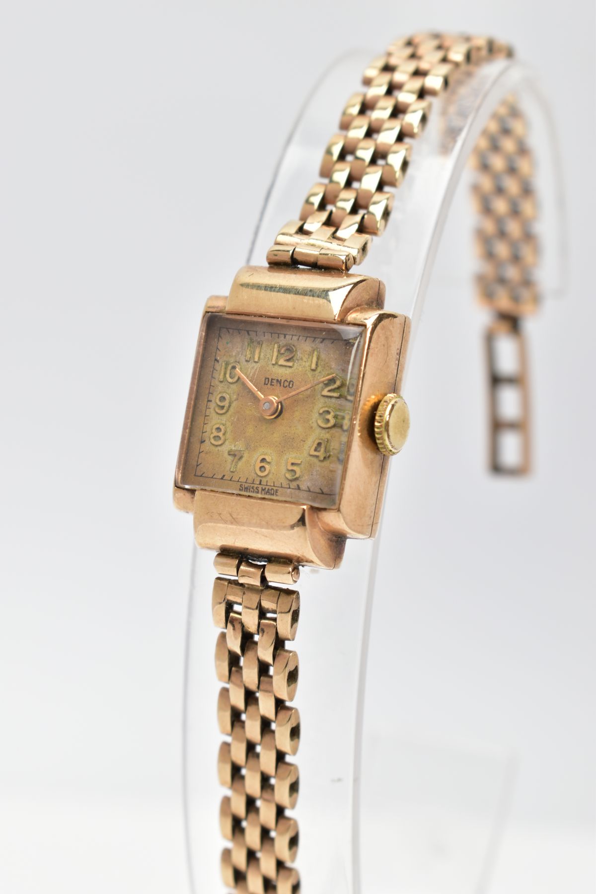 A LADY'S 9CT GOLD 'DENCO' WRISTWATCH, hand wound movement square discoloured dial signed 'Denco', - Image 2 of 5