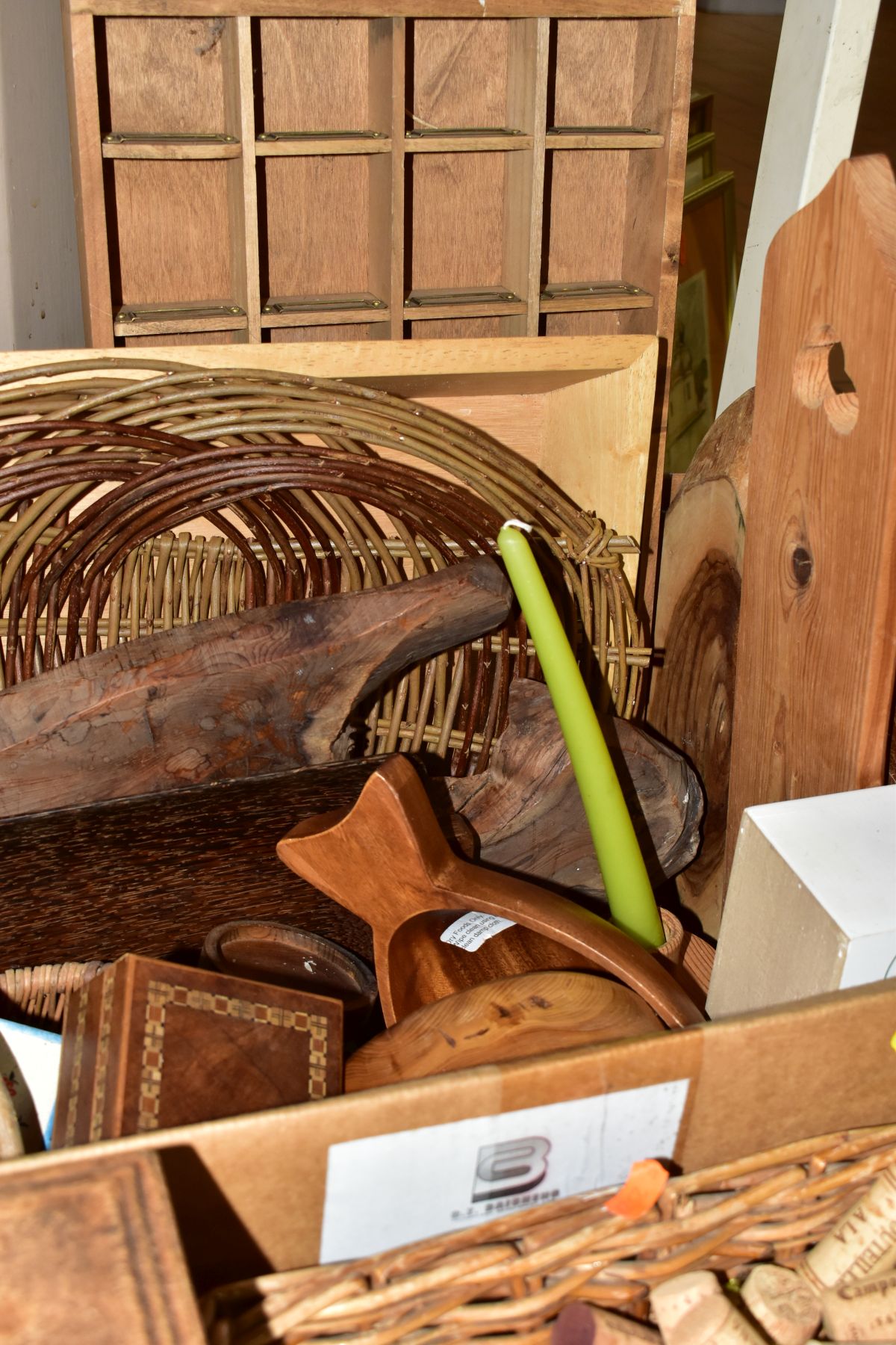 TWO BOXES, A WICKER BASKET AND LOOSE SUNDRY ITEMS/WOODEN ITEMS, ETC, to include a modern table top - Image 7 of 8