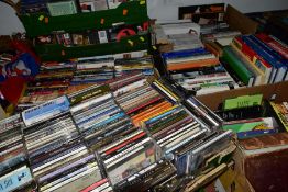 NINE BOXES OF CDS, DVDS AND BOOKS, to include three boxes of books, fiction, biography, history,