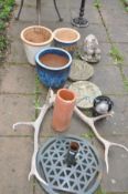 A SELECTION OF GARDEN ORNAMENTS AND POTS including three glazed plant pots, a Humpty Dumpty figure