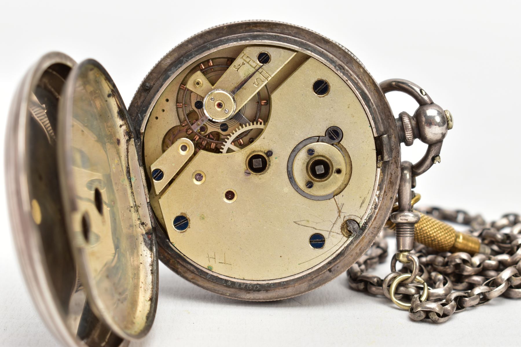 A WHITE METAL OPEN FACE POCKET WATCH WITH ALBERT CHAIN, the watch with a round white dial signed ' - Image 5 of 5