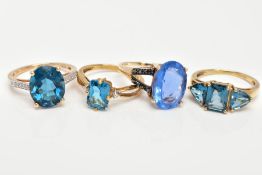 FOUR 9CT GOLD GEM SET DRESS RINGS, the first a three stone ring set with a rectangular cut blue