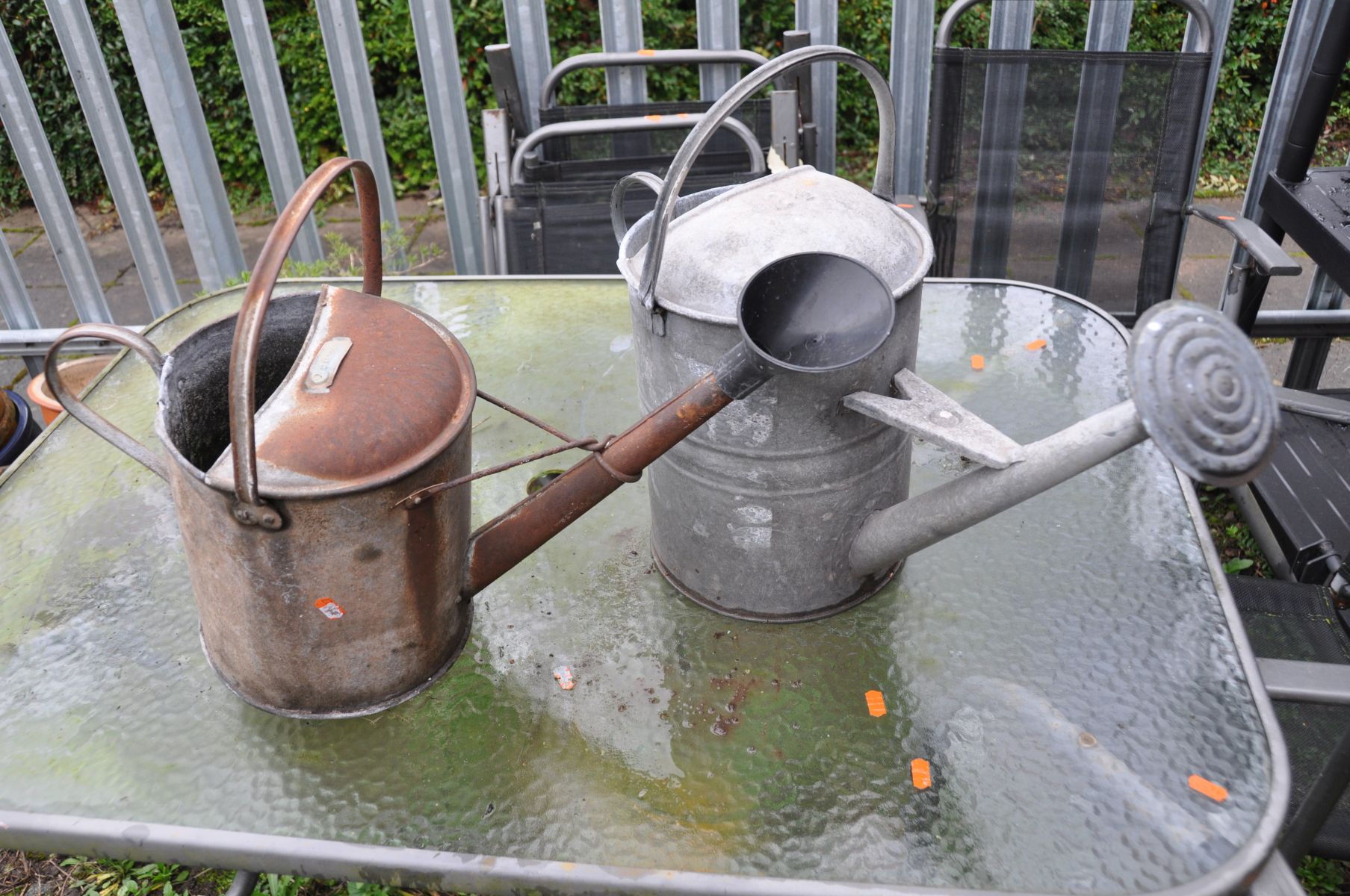 TWO VINTAGE GALVANISED WATERING CANS one with original sprinkler head (2)