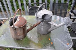 TWO VINTAGE GALVANISED WATERING CANS one with original sprinkler head (2)