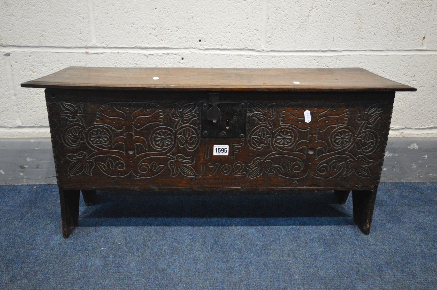 AN EARLY 18TH CENTURY OAK SIX PLANK BOARDED CHEST, with a moulded edge and iron hinged lid, and - Image 2 of 6