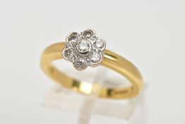 AN 18CT GOLD DIAMOND CLUSTER RING, the brilliant cut diamonds in a floral cluster to the plain band,