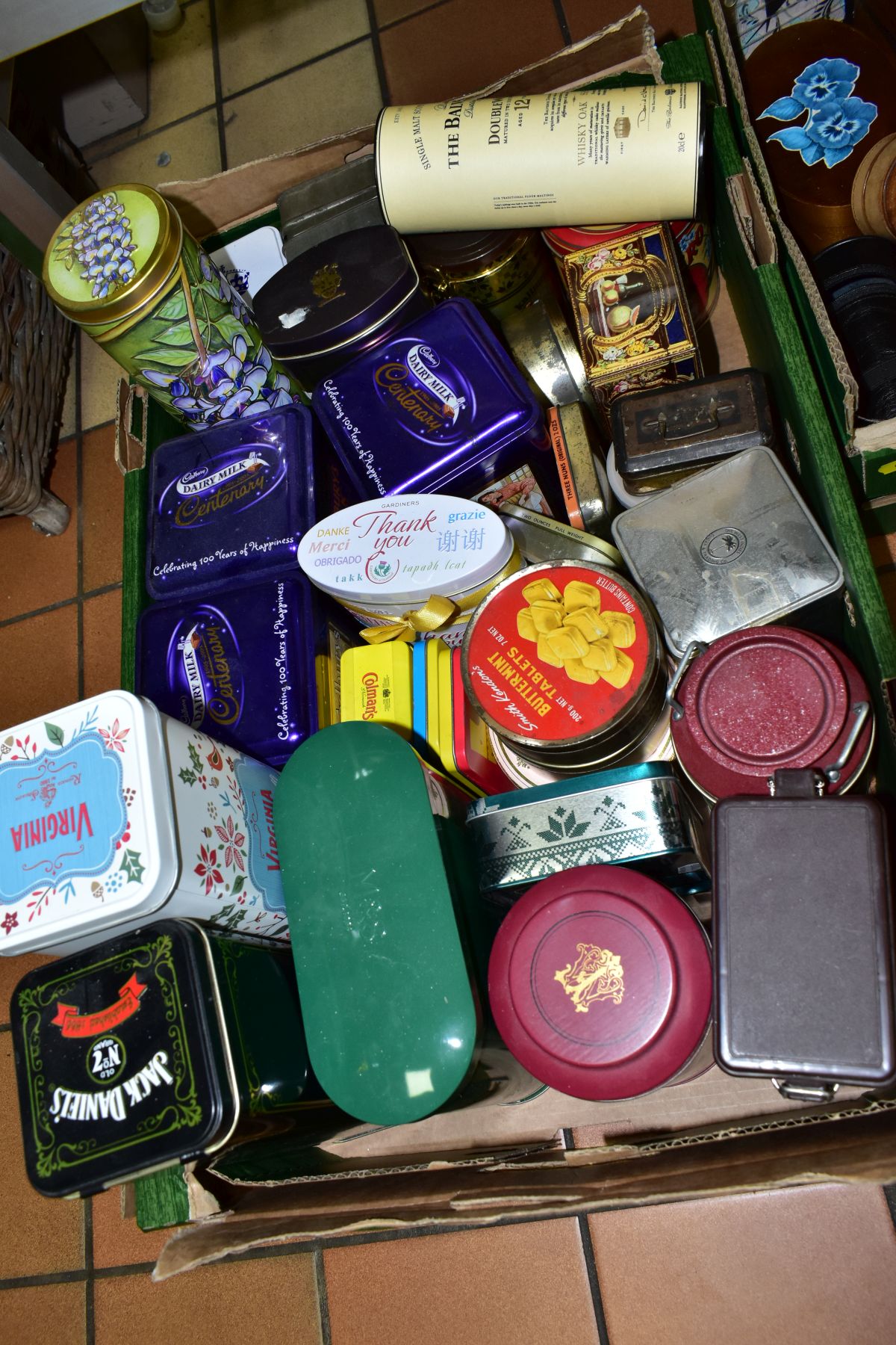 TWO BOXES OF MODERN TIN BOXES AND SUNDRY ITEMS, ETC, to include Dairy Milk, Balvenie whisky, Jack - Image 4 of 4