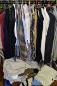 A QUANTITY OF GENTLEMENS CLOTHING to include various suits (pin stripe suit 44s, a Greitt light