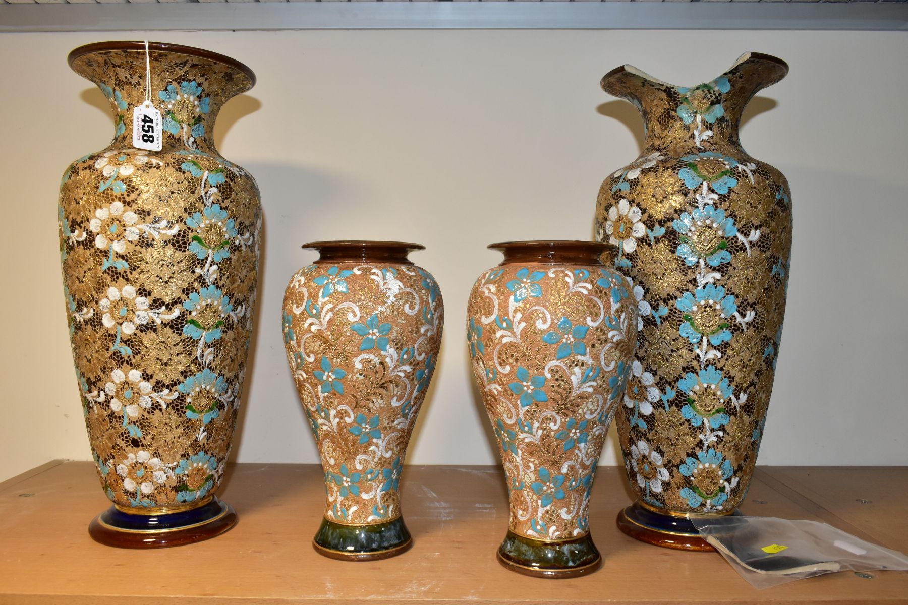 TWO PAIRS OF ROYAL DOULTON SLATERS PATENT BALUSTER VASES, the taller pair with flared rims, one with