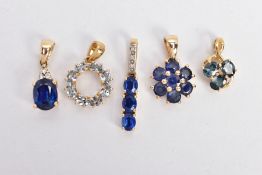 FIVE GEM SET PEDNANTS, of various designs, set with vary cut stones to include sapphire, kyanite,