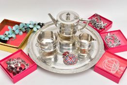 AN EP THREE PIECE TEA SERVICE SET WITH TRAY AND COSTUME JEWELLERY, the tea set comprising of a