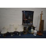 A PAIR OF MARBLIZED CERAMIC TABLE LAMPS, two other table lamps and a standard lamp, all with shades,