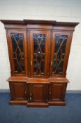 A LARGE REPRODUCTION MAHOGANY BREAKFRONT BOOKCASE, with three astragal glazed bevelled edge doors,