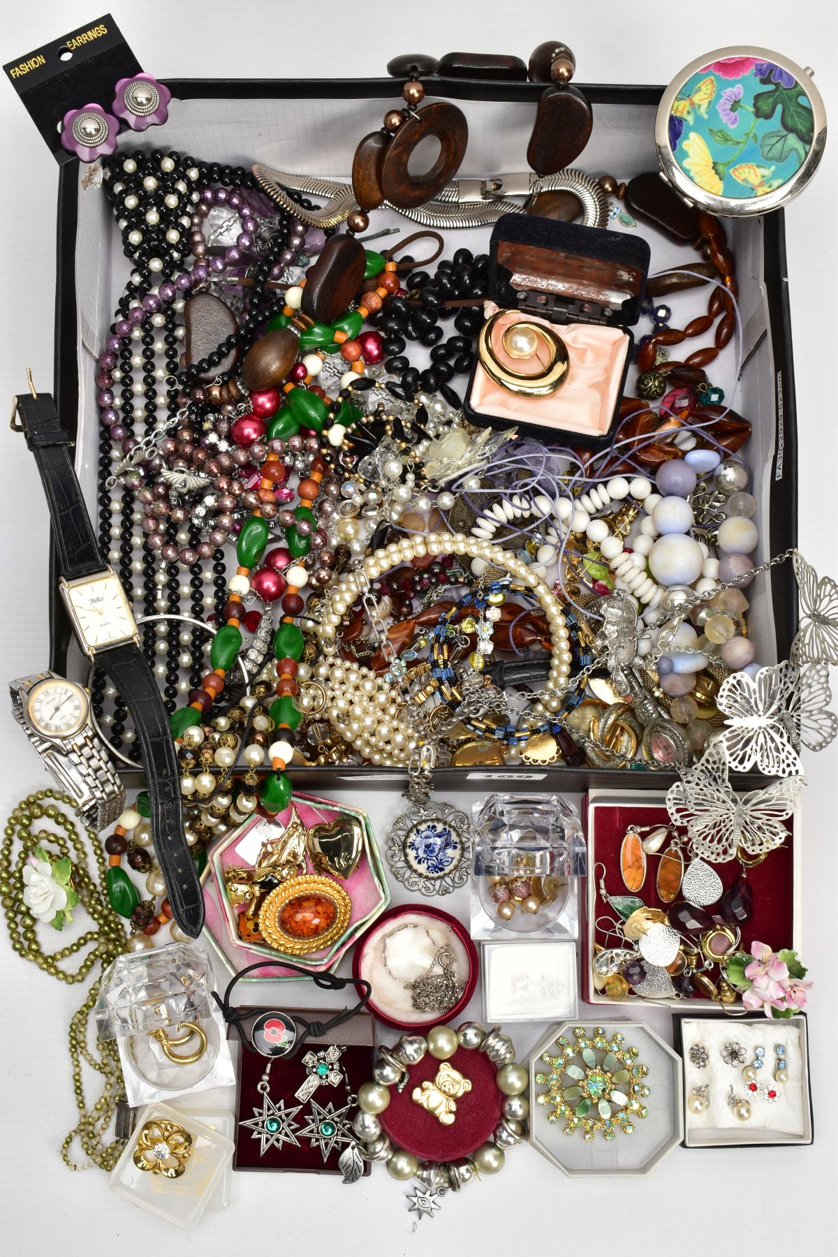 A BOX OF MOSTLY COSTUME JEWELLERY, to include various beaded necklaces, bracelets, lady’s fashion