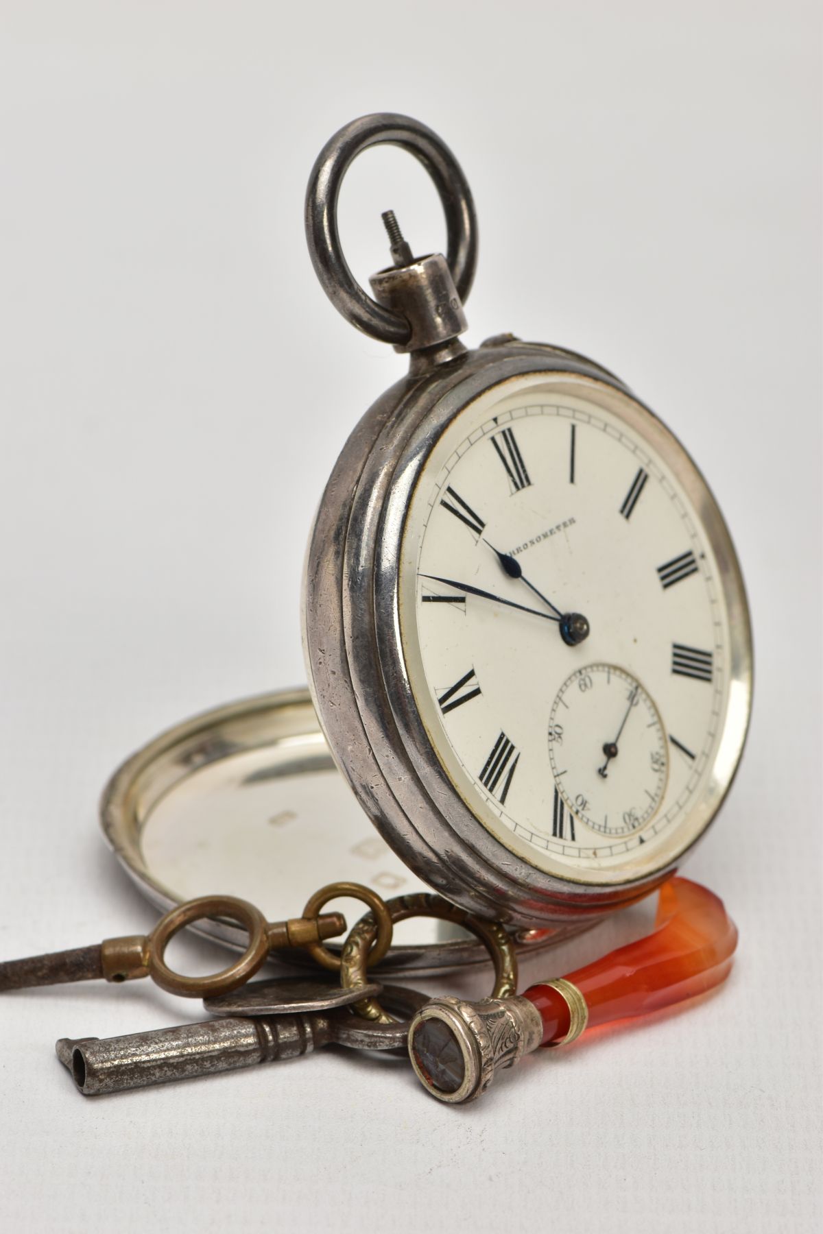 A SILVER OPEN FACE POCKET WATCH, WATCH KEY AND FOBS, the pocket watch, with a round white dial - Image 2 of 6