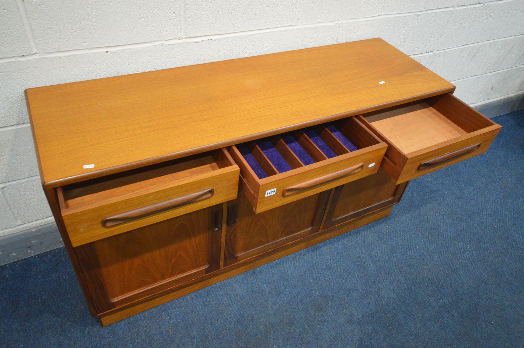 A G PLAN FRESCO TEAK SIDEBOARD, with three drawers above triple cupboard doors, width 143cm x - Image 4 of 4