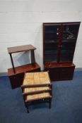 A MAHOGANY BOOKCASE, with a bevel edged double door unit top enclosing two glass shelves and
