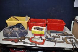 THREE TRAYS CONTAINING HANDTOOLS including two Record 120.10 G Clamps, a Record 5 G Clamp, three