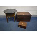 A 19TH CENTURY OAK TOOL CHEST, along with a distressed walnut jewellery box and a circular topped