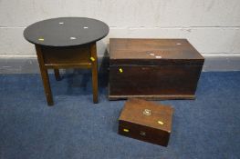 A 19TH CENTURY OAK TOOL CHEST, along with a distressed walnut jewellery box and a circular topped