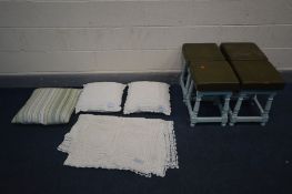 A SET OF FOUR 20TH CENTURY STOOLS, with green leatherette upholstery and painted light blue frames