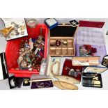 TWO BOXES OF MISCELLANEOUS ITEMS, to include a quantity of costume jewellery, a quantity of EPNS