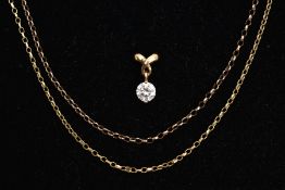TWO 9CT GOLD CHAINS AND A 9CT GOLD CUBIC ZIRCONIA PENDANT, a fine belcher chain fitted with a spring