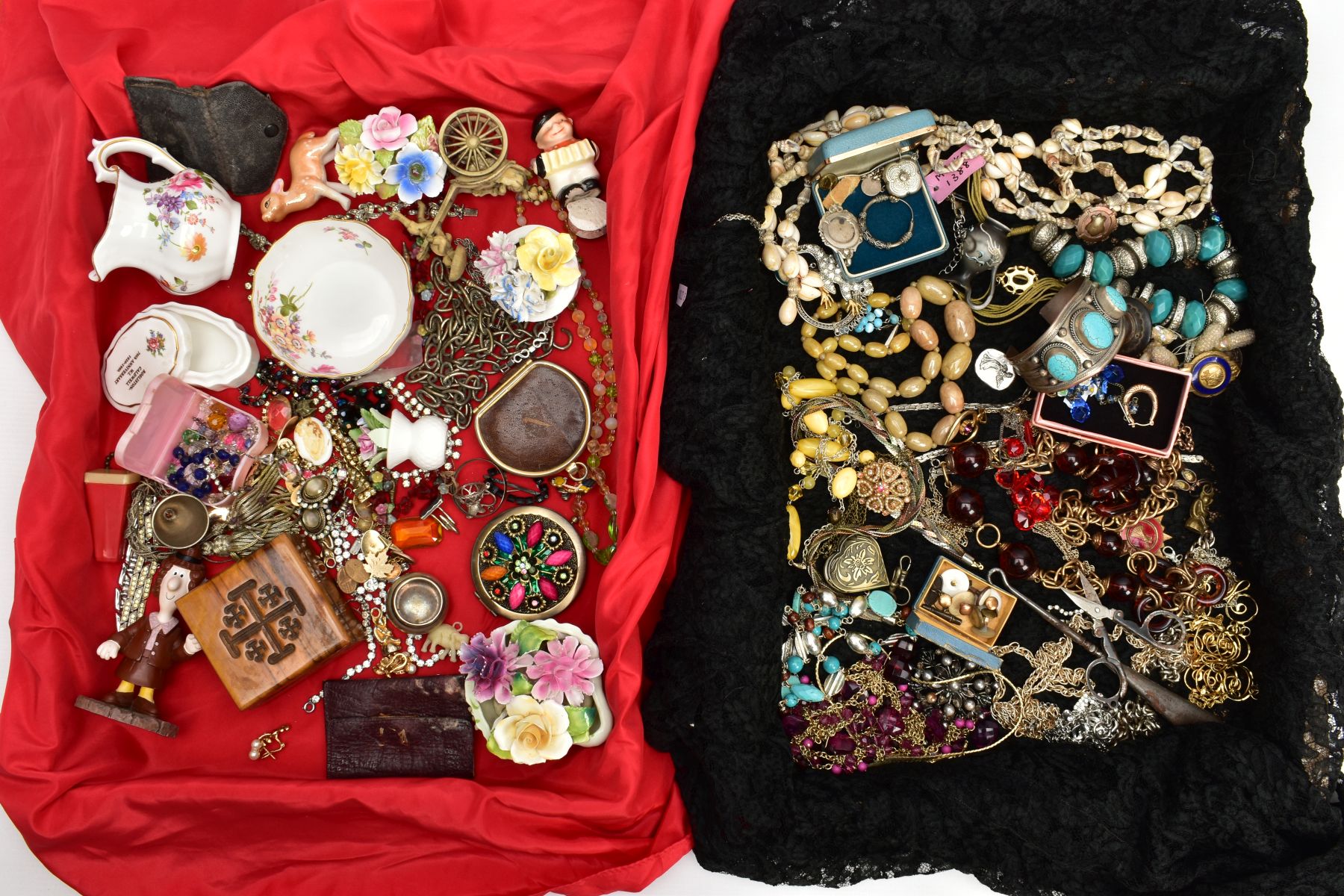 TWO BOXES OF MAINLY COSTUME JEWELLERY, to include costume jewellery necklace, a silver medal, some