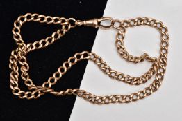 AN EARLY 20TH CENTURY 9CT GOLD GUARD CHAIN, designed as a double curb link chain with lobster claw