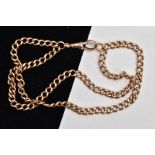AN EARLY 20TH CENTURY 9CT GOLD GUARD CHAIN, designed as a double curb link chain with lobster claw
