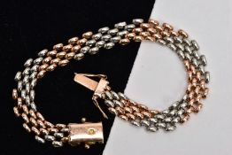 A BI-COLOUR BRICK LINK BRACELET, designed as white and rose coloured horizontal bands, to the push