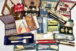 A TRAY OF ASSORTED BOXED CUTLERY, mostly EPNS or stainless steel cutlery, to include cake slice's,