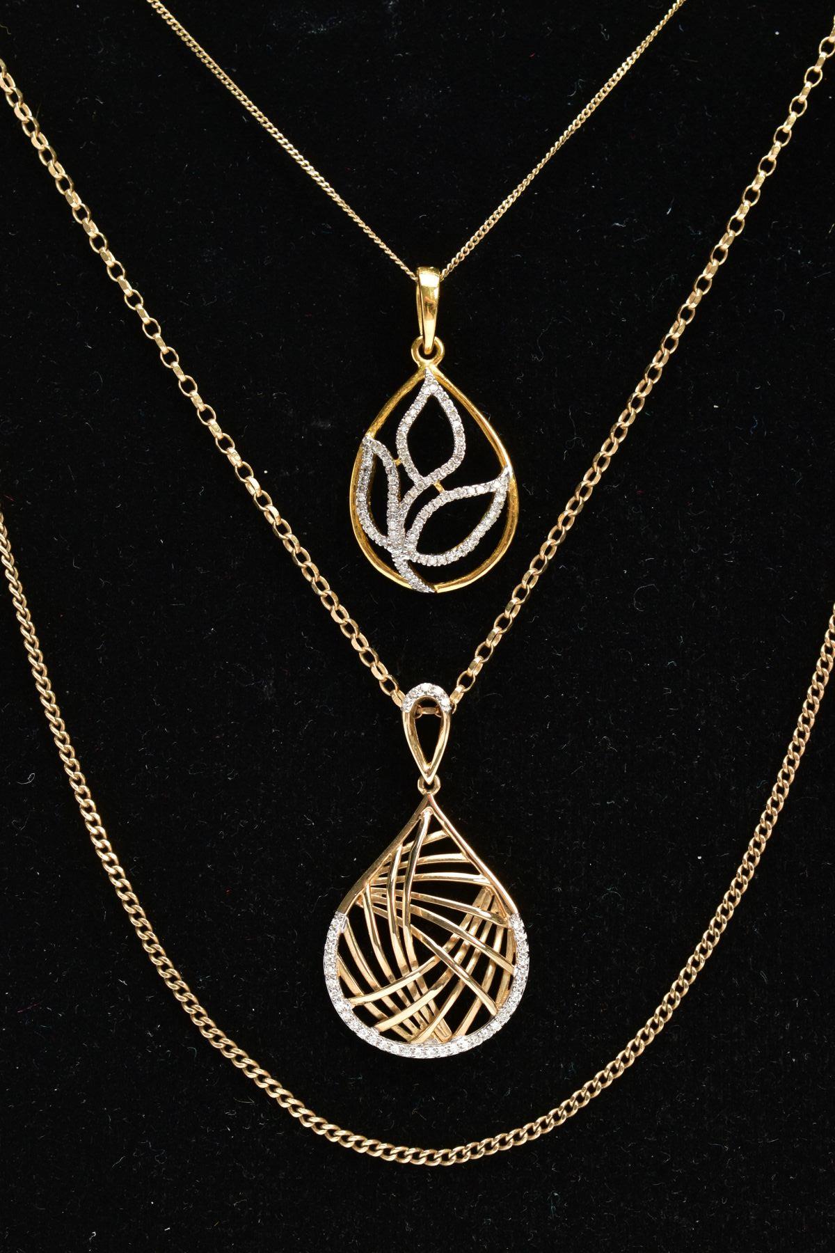 TWO 9CT GOLD DIAMOND PENDANT NECKLACES AND A YELLOW METAL CHAIN, the first pendant of an openwork