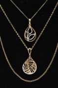 TWO 9CT GOLD DIAMOND PENDANT NECKLACES AND A YELLOW METAL CHAIN, the first pendant of an openwork